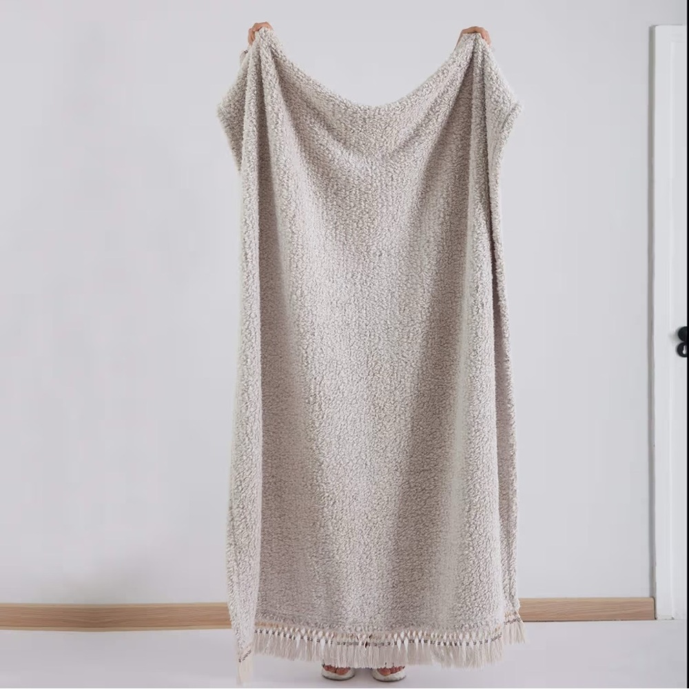 horimote home Ultra Soft Fleece Sherpa Blanket Tassel,  Ombre Light Brown,king - Picture 9 of 14